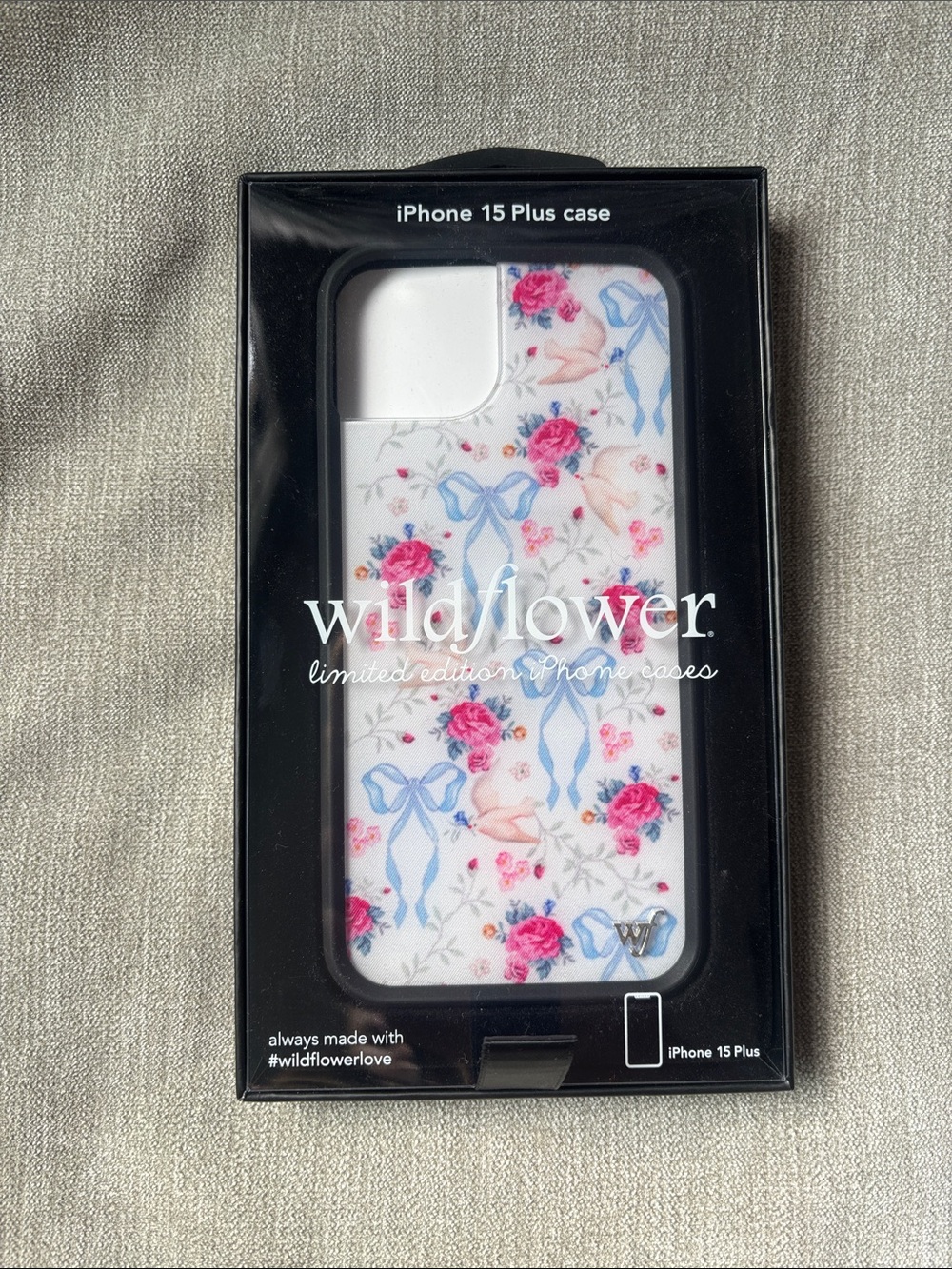 Wildflowers iPhone 15 Plus Case — White with Pink Roses & Blue Bows